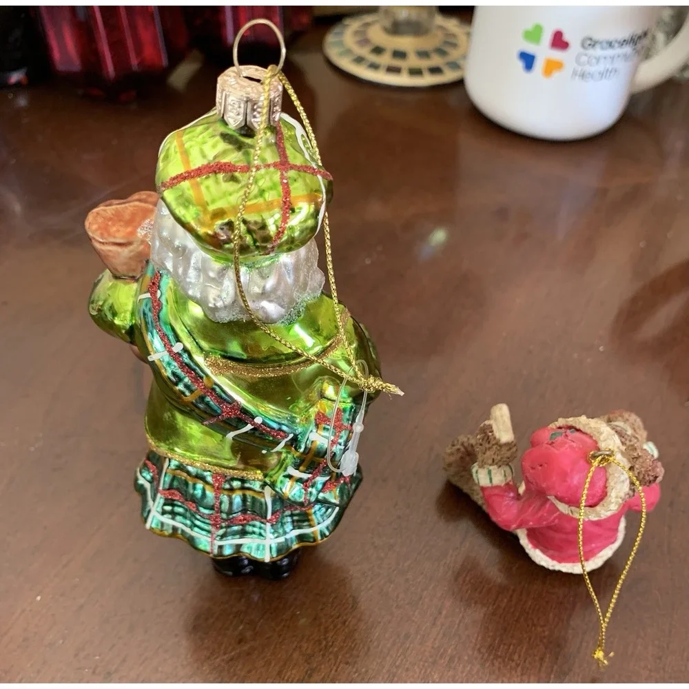 2 Ornaments - Summit‎ Glass Blown Santa with Bagpipes and Bear Santa Ornament